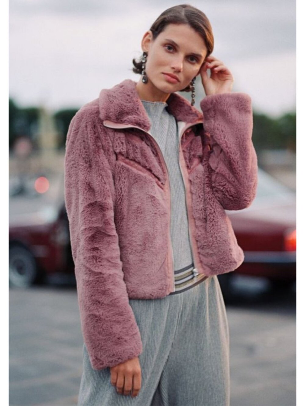 By Anthropologie Chevron Faux Fur Coat Mauve M